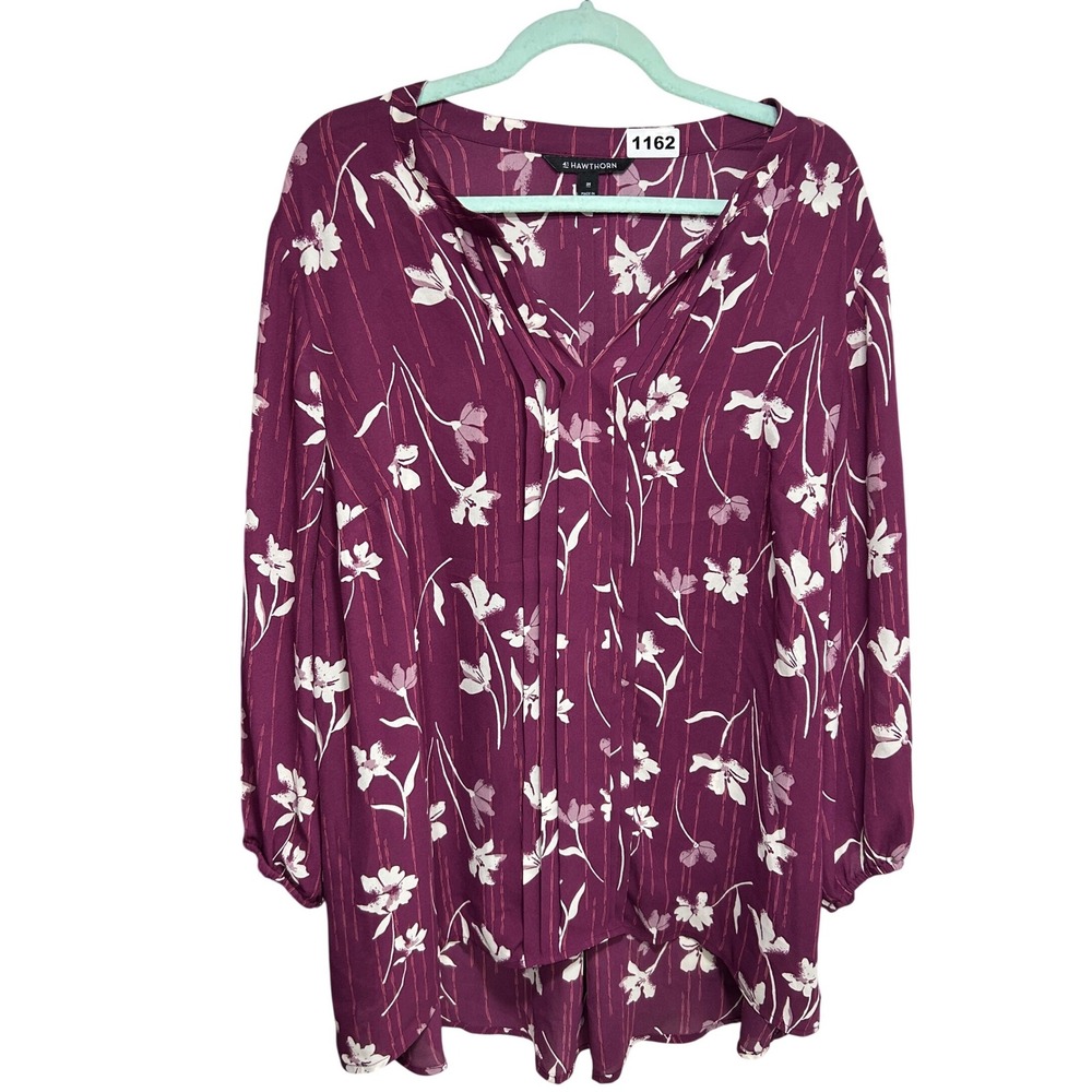 41 Hawthorn Plum Purple Floral V-Neck Long‎ Sleeve Blouse Plus Size 2X
